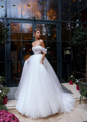 Off Shoulder Beaded White Tulle Princess Wedding Dress